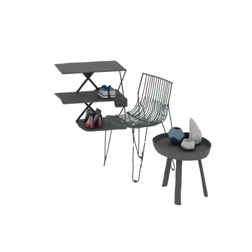 3D model of a modern wireframe chair next to a tiered shelf with shoes and a side table with decorative vases, set against a