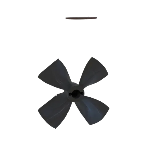3D-Rendering eines schwarzen Vierblattpropellers mit zentraler Nabe, isoliert auf weißem Hintergrund.