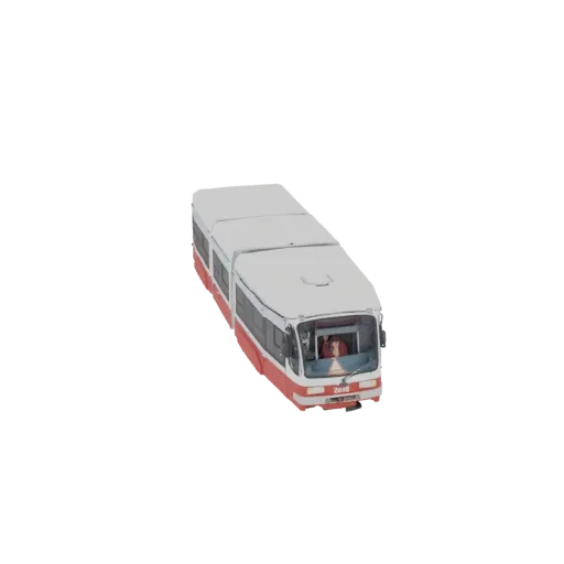 3D model of a white and red articulated city bus, viewed from a slightly elevated angle, showcasing its extended body.