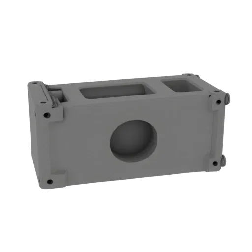 Cast Metal Gearbox Housing Printable 3D model, isometric STL render, showing machined metal, precise part geometry.