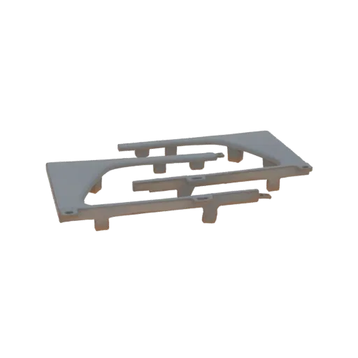 3D model of a gray metal frame structure with multiple interconnected beams and supports, presented on a white background.