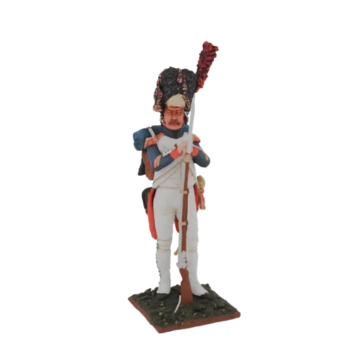 Modèle 3D d'un Grenadier de la Garde Impériale Française en uniforme, tenant un mousquet, debout sur une base texturée.