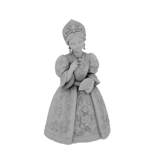 3D model of an ornate Russian woman in a traditional dress and headdress, holding a fan, rendered in grayscale.