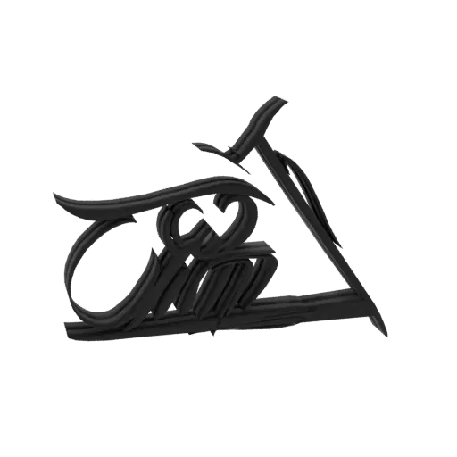 A 3D render of an elegant black script logo with flowing lines against a black background.