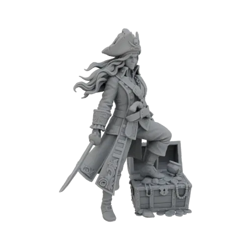 3D model of a pirate captain in a tricorn hat and long coat, standing on a treasure chest filled with gold coins.