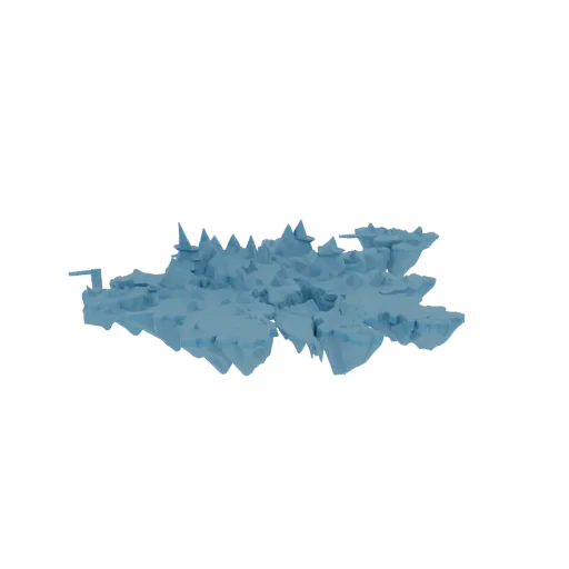 3D model of a stylized, low-poly floating island archipelago with sharp blue ice peaks and deep canyons, rendered against a w
