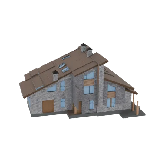 3D model of a modern multi-story house with a brown gable roof, grey brick walls, and large blue-tinted windows, set against