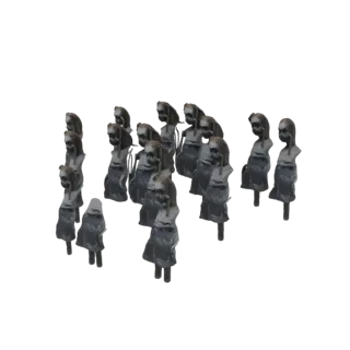 Ein 3D-Rendering einer Sammlung gotischer Puppenfiguren, die zusammen vor einem weißen Hintergrund ausgestellt sind.
