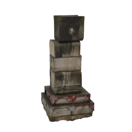 Ein 3D-Render eines Stapels von fünf verwitterten, alt aussehenden Technologieblöcken, wobei der oberste Block eine kreisförmige Linse hat, die einem Auge ähnelt.