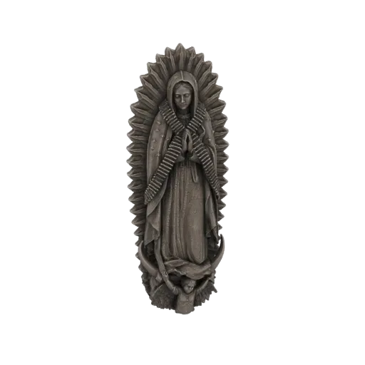3D model render of a statue of the Virgin Mary wearing a bullet belt, with a halo and cherub at the base, against a black bac