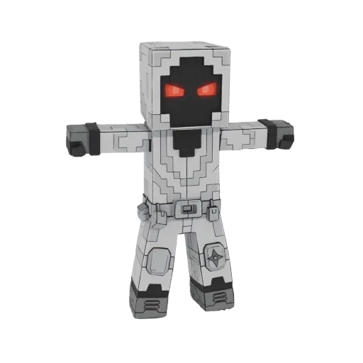 3D-Modell einer stilisierten, blockigen Sci-Fi-Kapuzenfigur mit leuchtend roten Augen, Arme in T-Pose ausgestreckt.