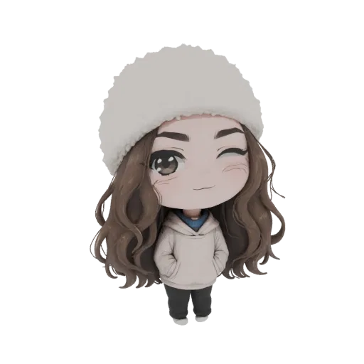 A 3D render of a chibi girl character with large eyes, wearing a fluffy white hat and a beige hoodie, winking playfully.