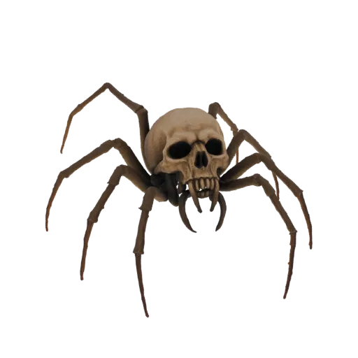 A 3D render of a terrifying spider with a human skull for its head, sharp fangs, and eight spindly legs, set against a white