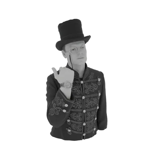 3D model of a steampunk gentleman wearing a top hat and monocle, with a detailed, ornate jacket.