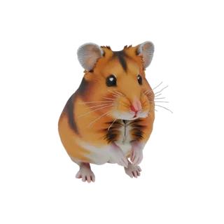Una renderización 3D de un hámster adorable y esponjoso de pie sobre sus patas traseras, con ojos grandes y bigotes prominent