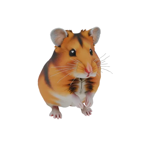 Uma renderização 3D de um hamster fofo e peludo em pé sobre as patas traseiras, com olhos grandes e bigodes proeminentes.