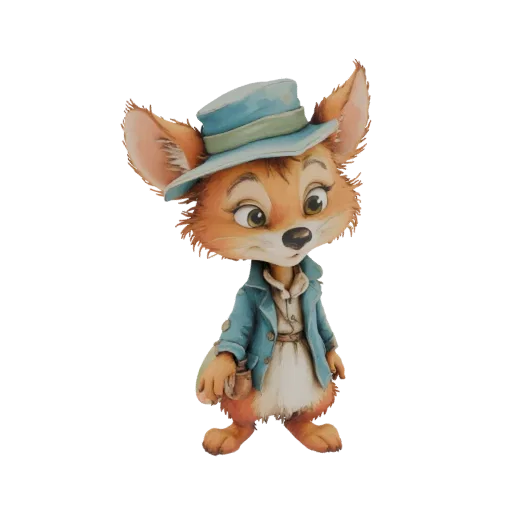 3D model of an anthropomorphic fox character wearing a blue coat and hat, with a curious expression.