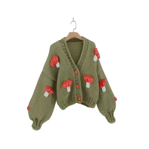 3D model of a green knit cardigan with red and white mushroom appliques, displayed on a hanger.