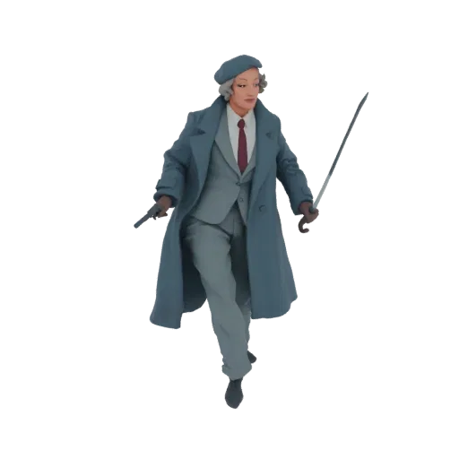 3D model of a 1920s female detective in a grey suit and blue trench coat, holding a sword and pistol.