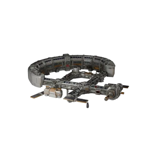 Modello 3D Corridoio Stazione Spaziale Profonda Low Poly, vista tre quarti viewport gioco, mostra moduli metallici, dettagli
