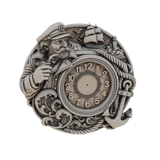 Modèle 3D d'une horloge nautique avec un capitaine, un navire, une ancre et une corde, avec un cadran au centre.