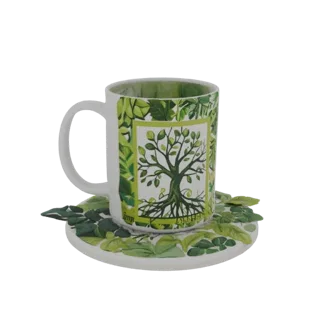 3D model of a coaster with a Tree of Life and green leaves design, on a white background
