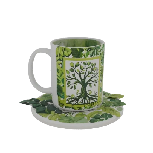 3D model of a coaster with a Tree of Life and green leaves design, on a white background