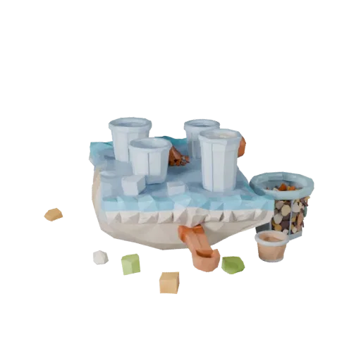 Pantry Rice Sack Low Poly 3D model, game viewport three-quarter view, showing powders, small ingredient shapes.