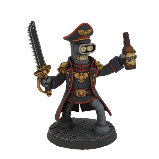 3D model of Bender from Futurama dressed as a Warhammer 40k Imperial Commander, holding a chainsword and a beer bottle.