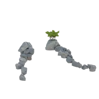 3D model of a jagged, grey rock formation with a small green plant growing on top, set against a black background.