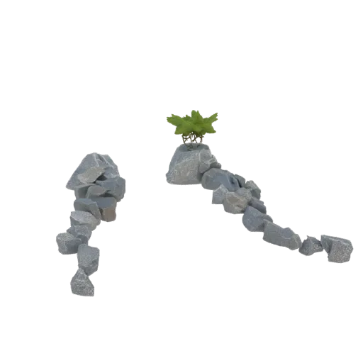 Modelo 3D de una formación rocosa gris y dentada con una pequeña planta verde creciendo en la cima, sobre fondo negro.