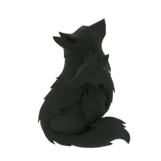 A dark, stylized 3D model of a wolf protectively embracing its cub, both looking upwards.