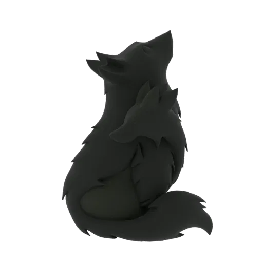 A dark, stylized 3D model of a wolf protectively embracing its cub, both looking upwards.