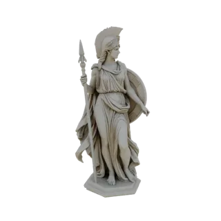 3D model of the Greek goddess Athena, depicted in a full-body pose holding a spear and shield, with detailed armor and flowin