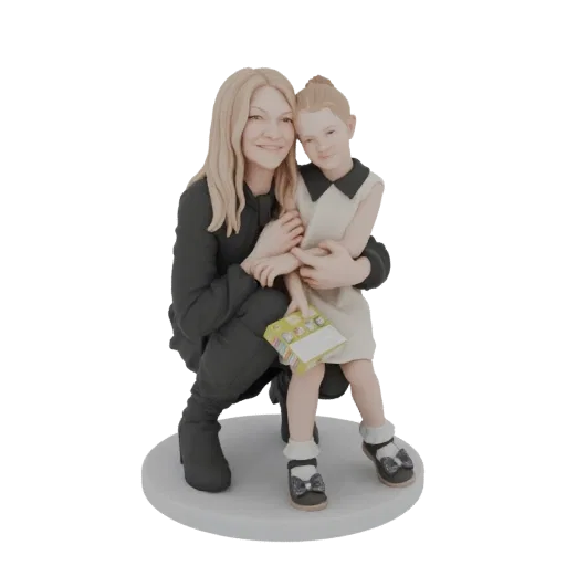 KI-generiertes 3D-Modell einer knienden Mutter, die ihre Tochter umarmt, beide lächeln herzlich.