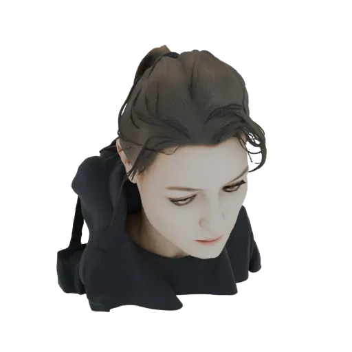 3D model of a young woman with dark hair in a ponytail, looking down with a pensive expression, wearing a dark top.