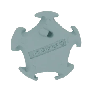 A 3D render of a light blue, five-pointed star emblem with intricate engraved symbols on its surface, set against a white bac