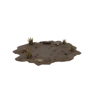 Modelo 3D de un parche de tierra fangosa con hierba seca y escombros dispersos, visto desde un ángulo ligeramente elevado.