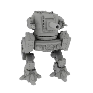 3D render of a grey Steampunk Mech Walker with a large cannon on its turret and segmented legs, against a white background.