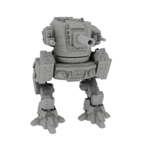3D render of a grey Steampunk Mech Walker with a large cannon on its turret and segmented legs, against a white background.