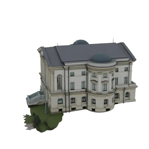 3D model of a detailed Baroque palace with a central dome, columns, arched windows, and surrounding grounds.