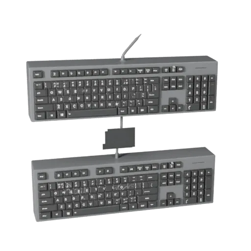 Home Office Keyboard Low Poly 3D model, game viewport three-quarter view, showing plastic, desk-scale silhouettes.