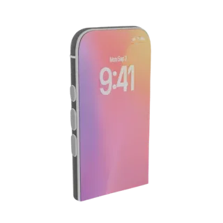 Modèle 3D d'un smartphone moderne avec un écran dégradé rose et orange, vu sous un léger angle.