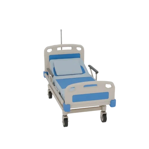 Clinic Hospital Bed Education 3D model, three-quarter training render, showing painted metal, clinical silhouette.