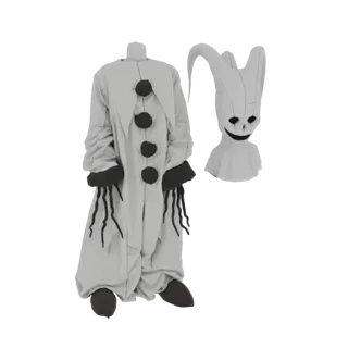 Un modèle 3D de costume de clown effrayant avec un tissu pâle, des boutons noirs et un masque séparé et troublant avec un lar