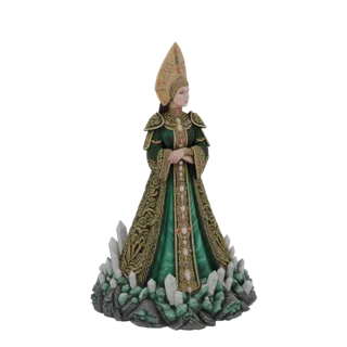 Render del modello 3D di una statua di Imperatrice di Smeraldo con abito ornato verde e oro, su una base di cristalli e rocce