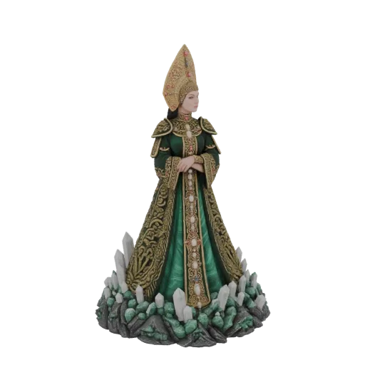 3D model render of an Emerald Empress figurine wearing a green and gold ornate dress, standing on a base of crystals and rock