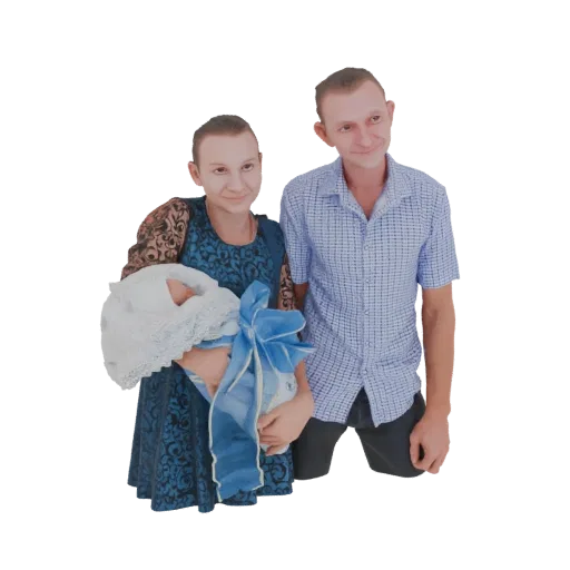 3D model of a smiling father, mother holding a swaddled newborn baby, and a family portrait.