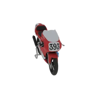 Modèle 3D d'une moto de course Yamaha TZ125 1997 rouge et blanche avec le numéro 393 sur le carénage avant, présenté sur fond