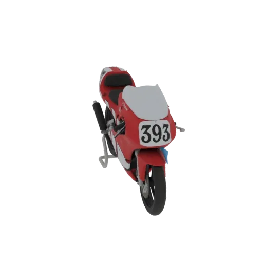 3D model of a red and white 1997 Yamaha TZ125 racing motorcycle with the number 393 on the front fairing, shown on a white ba